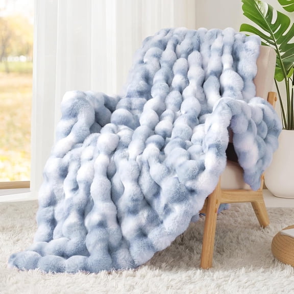Luxury 1000GSM Faux Rabbit Fur Throw Blanket, Super Heavy Warm Cozy Grey Blankets for Couch Bed Sofa, Ruched Plush Fuzzy Elegant Soft Reversible Mink Blanket for Living Room Bedroom, Blue