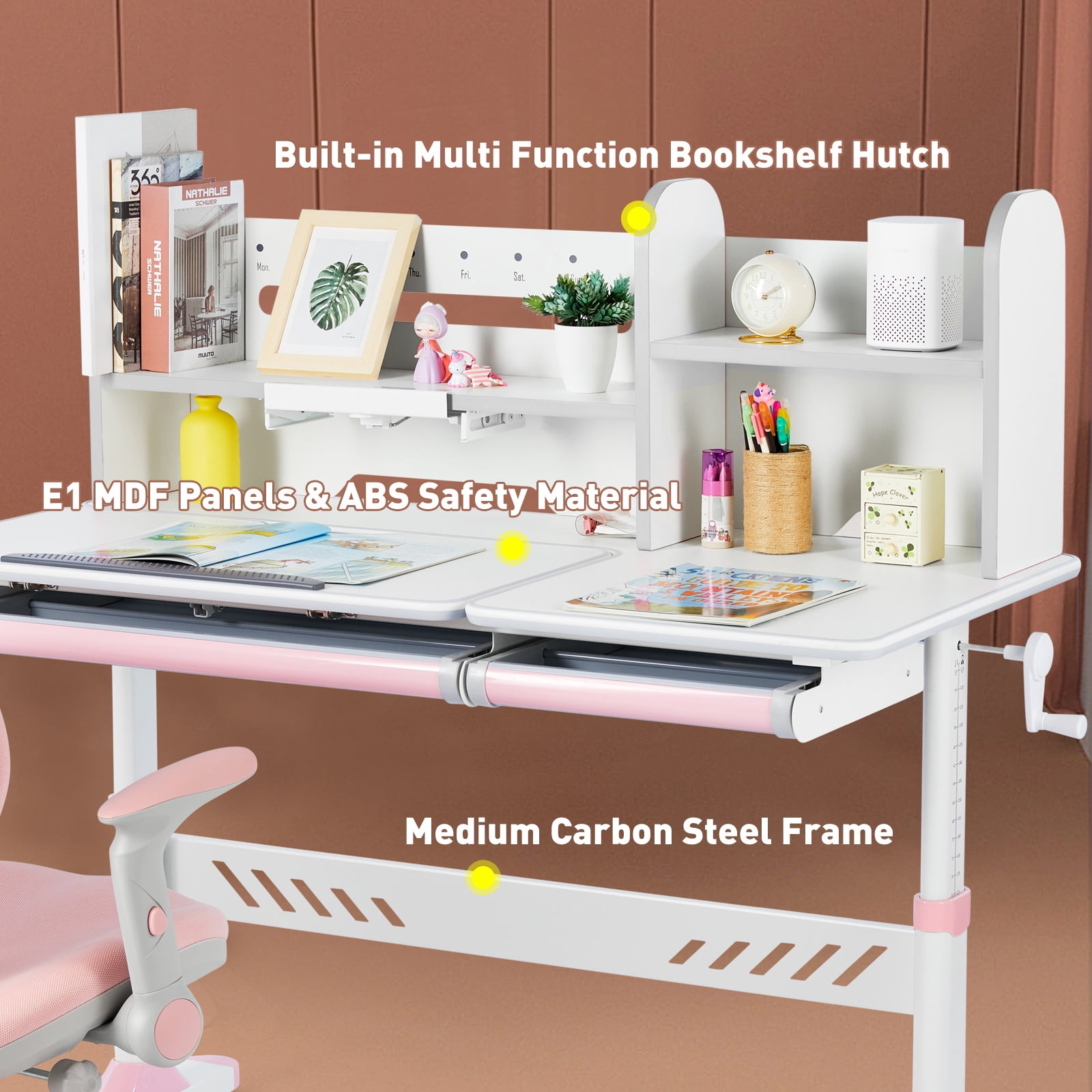 COSVALVE Adjustable Kids Desk and Chair Set with Hutch, Multifunction Ergonomic Study Table Chair with 2 Storage Drawers, Tilt Desktop, Height Adjust (Pink)