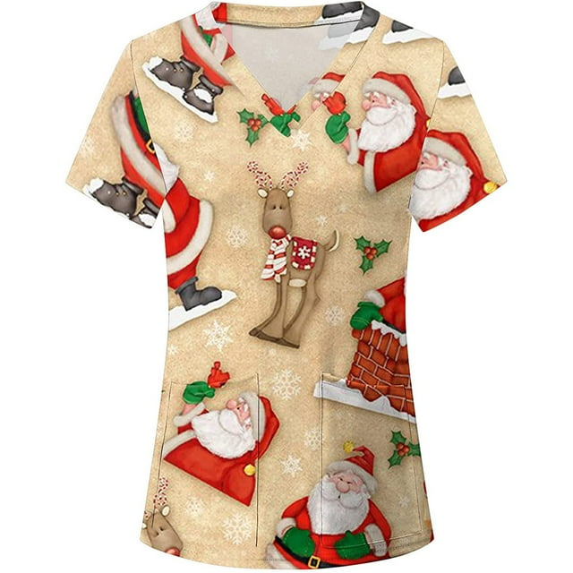 Pompotops Blouse de Travail pour Femmes de Noël à Manches Courtes, Col en V, Imprimée, Chandail T-Shirt Haut