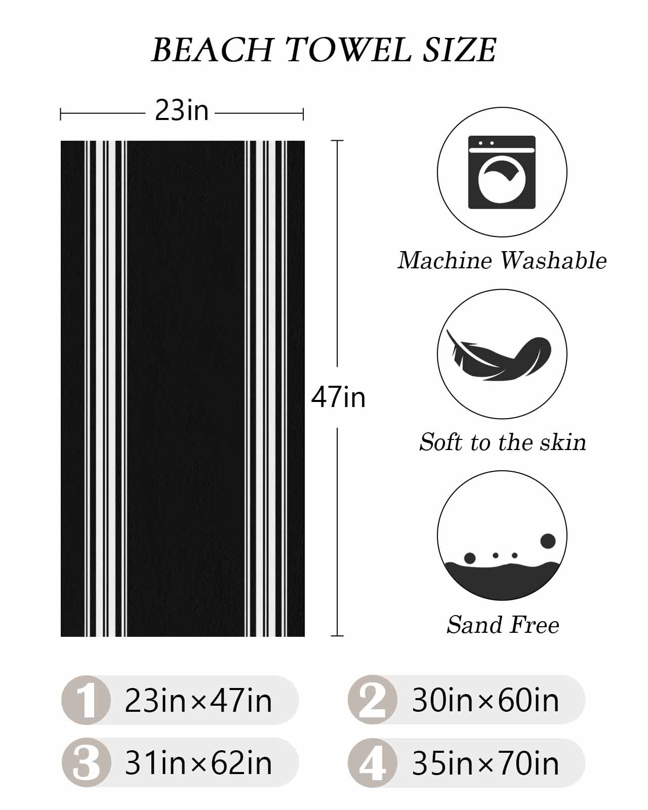 Black Striped Beach Towels Oversized Super Absorbent, Farmhouse Black White Stripes Lightweight Bath Towel Quick Dry Sets For Bathroom/Pool/Rv Camping/Beach Play/Gym Room/Picnic 30"x60"
