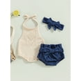 thumbnail image 2 of Wassery Infant Baby Girl Clothes Set Solid Color Tie-Up Halter Neck Knit Sweater Romper Denim Shorts with Belt Headband 3Pcs 3M 6M 12M 18M Toddler Girls Summer Outfit, 2 of 8