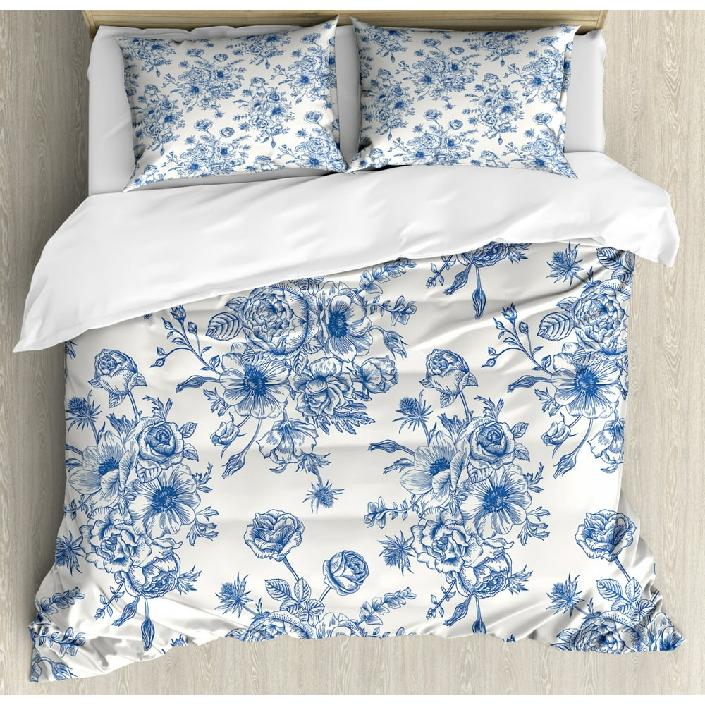 Anemone Flower Duvet Cover Set, Floral Pattern with Bouquet of Blue