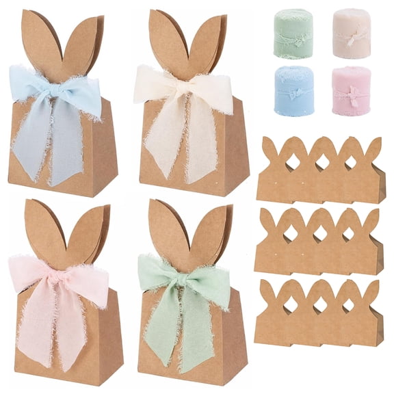 12 Pack Easter Bunny Ears Paper Bags with DIY Ribbon – Rustic Kraft Rabbit Ear Treat Bags, 4 Colorful Ribbon Rolls for DIY Bows, Easter Party Favors, Gift Packaging
