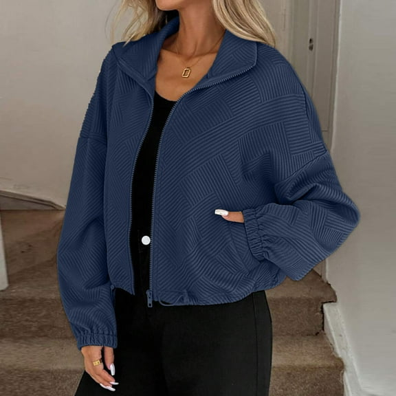Wowcloth Woman's Casual Jacket, Autumn Winter Oversized Notched Collar Pull Cord Hem Long Sleeve Zipper, Solid Color Loose Fit Outerwear for Daily Leisure and Outdoor