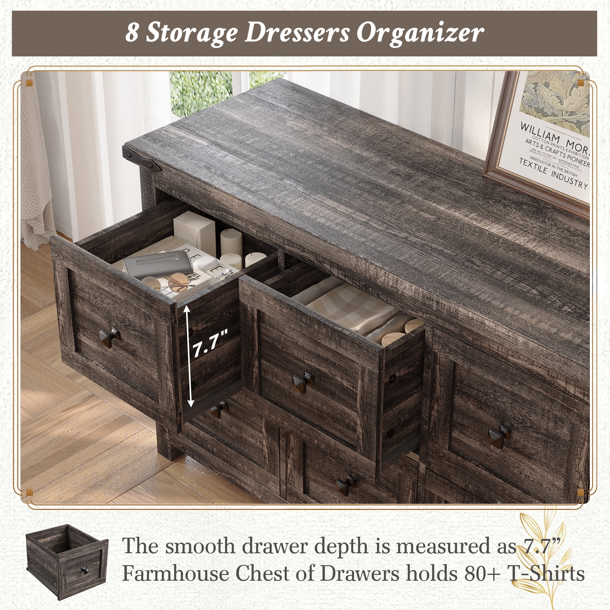 EnHomee Dresser for Bedroom Wooden Dresser TV Stand Farmhouse Dresser with 8 Drawers, Dark Rustic Oak