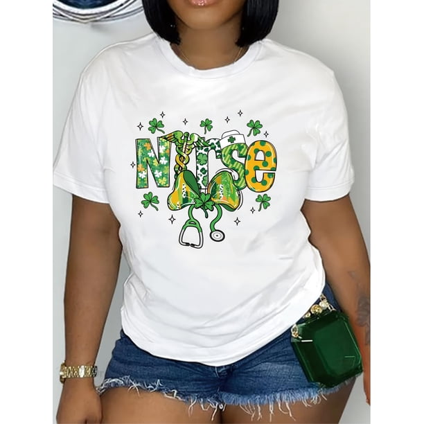 Camiseta informal de cuello redondo para mujer, con motivo del Día de San Patricio y agradecimiento a la enfermera, de manga corta, blanca, con estampado festivo de duende y trébol, de algodón ligero,