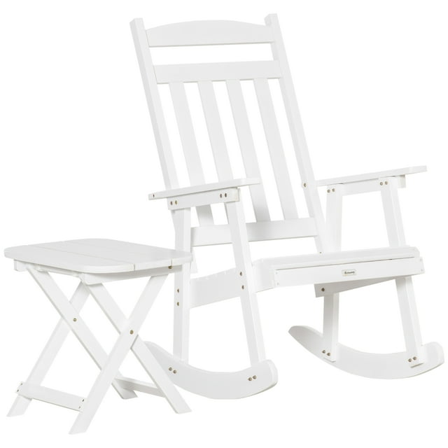 Outsunny Patio Wooden Rocking Chair with Table, Outdoor Rocker Set with High Back Armchair and Foldable Side Table for Backyard, Garden, Porch, White