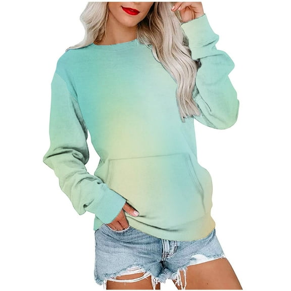 Scyoekwg Womens Sweatshirt Gradient Color Fall Sweatshirt Loose Crewneck Sweatshirt with Pocket Long Sleeve Pullover Casual Sweatshirts for Teen Girls(Light Blue,XXL)