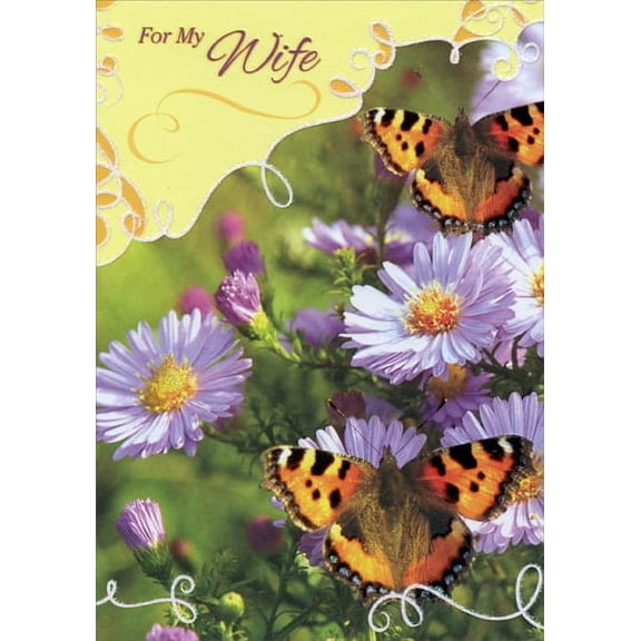 Designer Greetings Two Butterflies on Puple Flowers: Wife Birthday Card