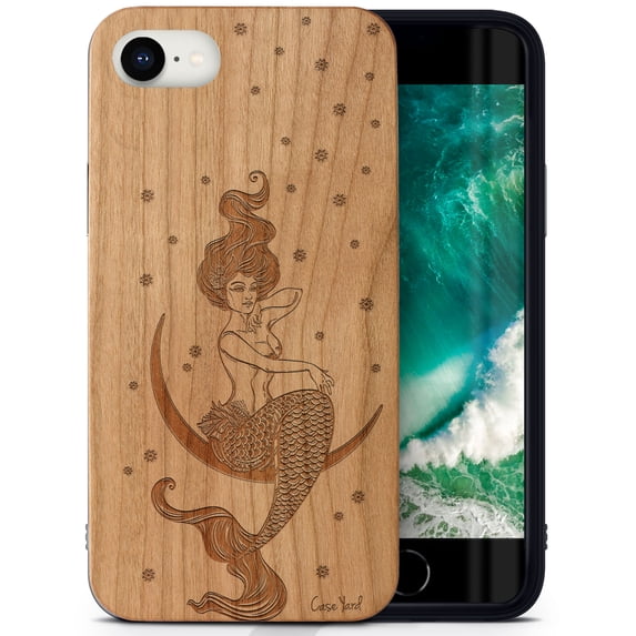 Case Yard Wooden Case Outside Soft TPU Silicone, Slim Fit Shockproof Wood Protective Phone Cover for Girls Boys Men and Women, Supports Wireless Charging Mermaid on the Moon Design case for iPhone-SE