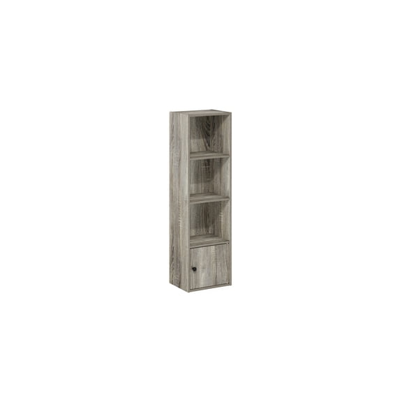 4-Tier Bookcase with Door, 12" Wide Storage Cabinet, French Oak Finish