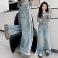 thumbnail image 4 of XEGLSBU Jeans for Girls Girls Denim Pants Straight Leg Loose Fit with Side Seam Rhinestone Embellishment for Daliy Wear Light Blue Size 15-16 Years, 4 of 6