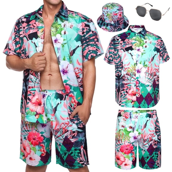 Alaiyaky Hawaiian Shirts for Men, Mens T Shirt and Short Bucket Hat Sunglasses Set Short Sleeve Tropical Summer Beach Vacation Fancy Costume Adult Outfit