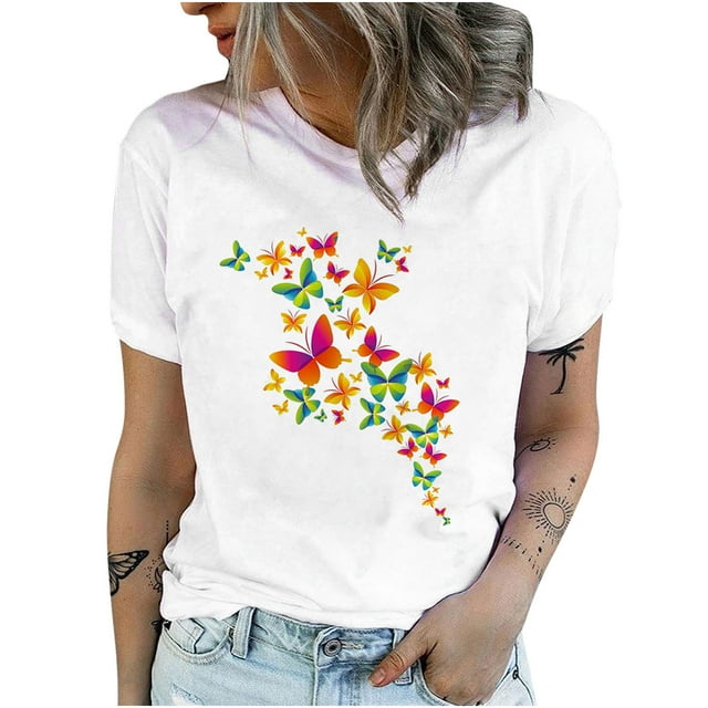 Pompotops T-Shirts à Col Rond Imprimé Papillon pour Femmes, Manches Courtes, Blouse