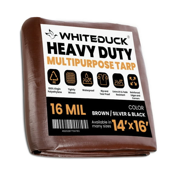 WHITEDUCK 14' x 16' Heavy Duty Tarp Cover Waterproof - 16 Mil Brown w/Grommets & Reinforced Edges