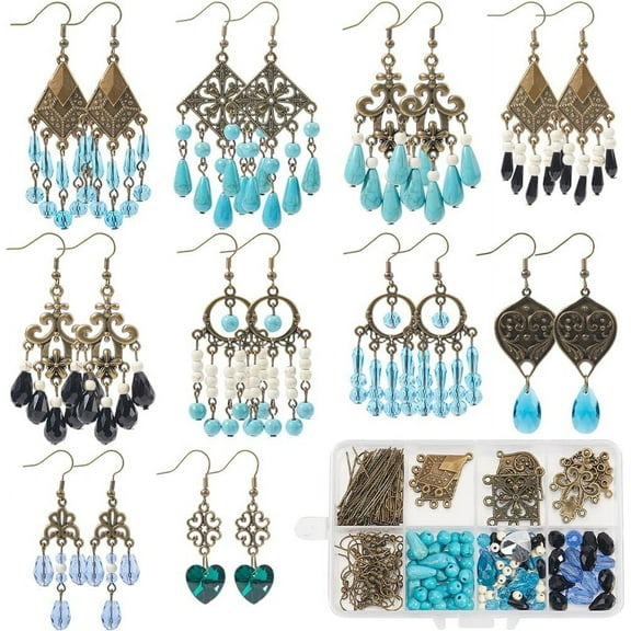 1 Box 10 Sets Chandelier Earring Making Kit Tibet Style Bohemian Charms Boho Earrings Bulk Lucky Turquoise Bead Glass Beads for Jewelry Making Kits DIY Dangle Earrings Women Adult Supplies DIY