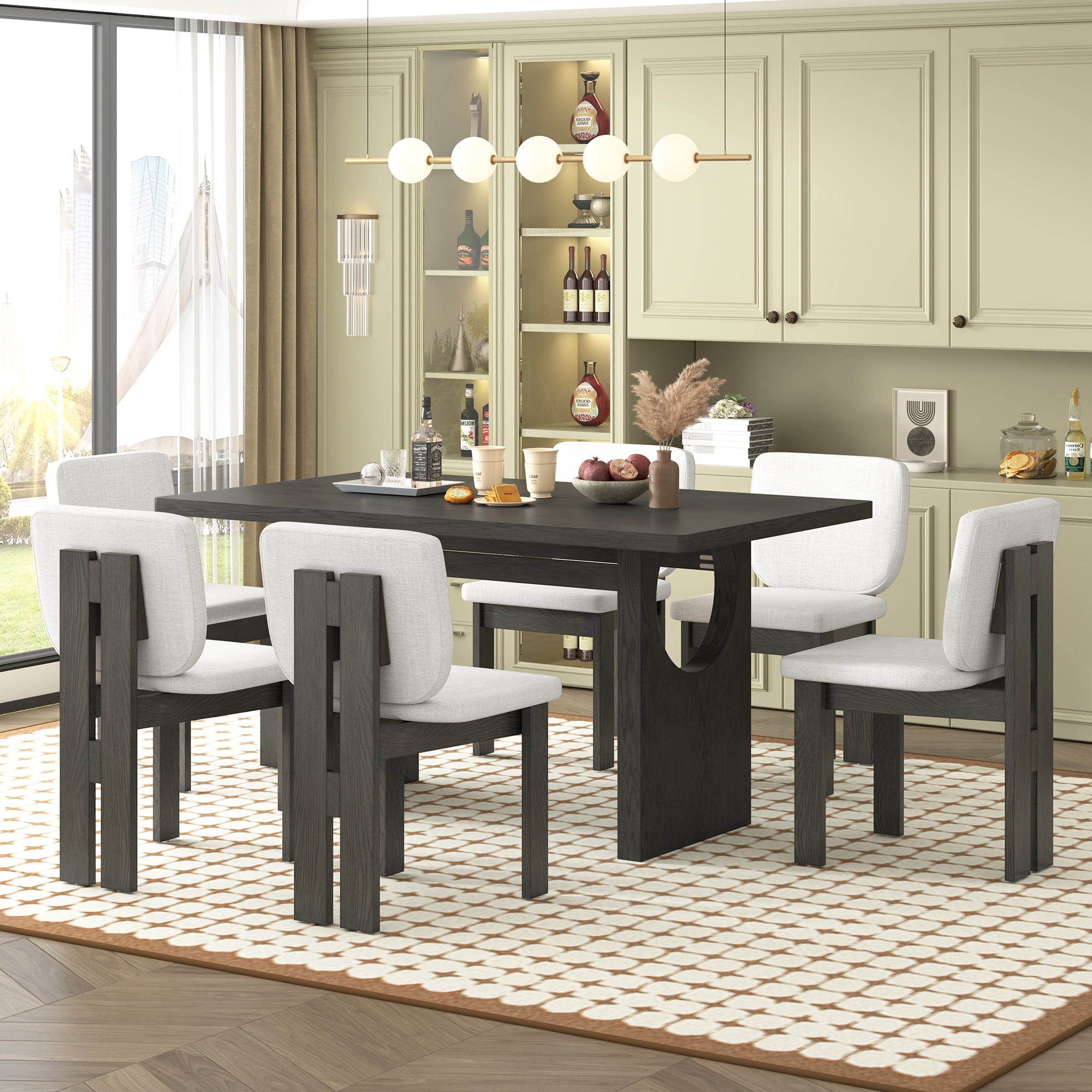 7-Piece Dining Table Set for 6, 60" Rectangular Dining Table with 6 Upholstered Chairs