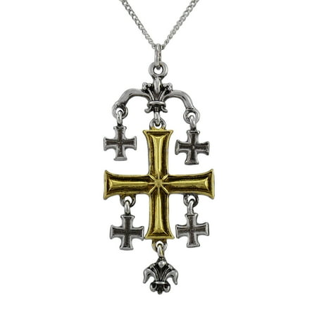 Pewter Communion Cross - Jerusalem Cross Pewter Pendant w/ Link Necklace Worldly Spiritual Riches