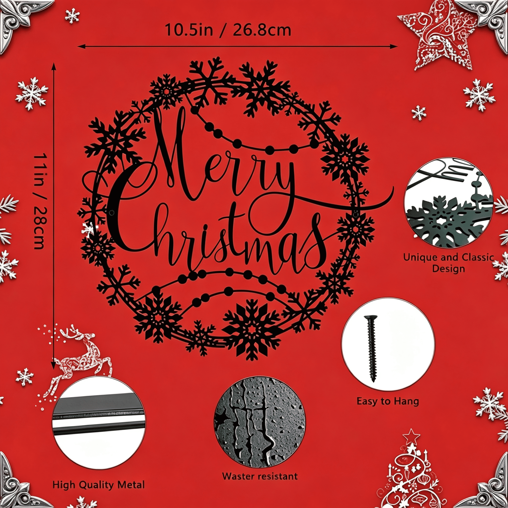 Elegant Christmas Metal Wall Art Holiday Welcome Sign Indoor Outdoor Decor Gift