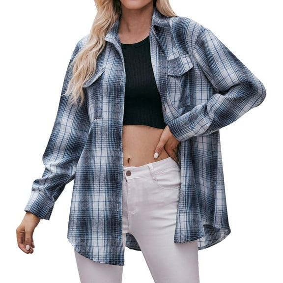 BYHONG Long Sleeve Shirts for Women Autumn Button Down Plaid Shirts Blue L