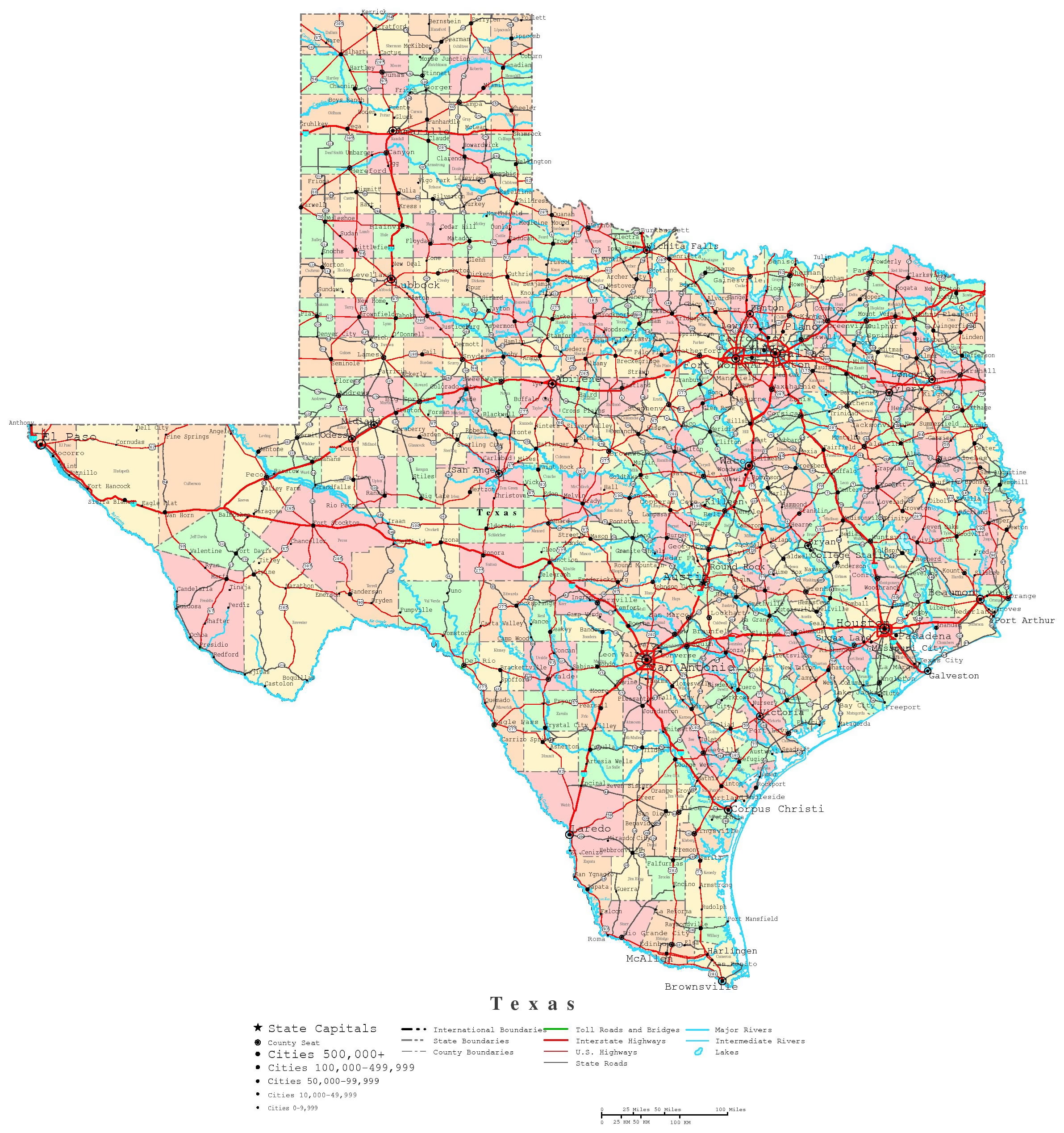 Laminated Map Large Detailed Administrative Map Of Texas State With