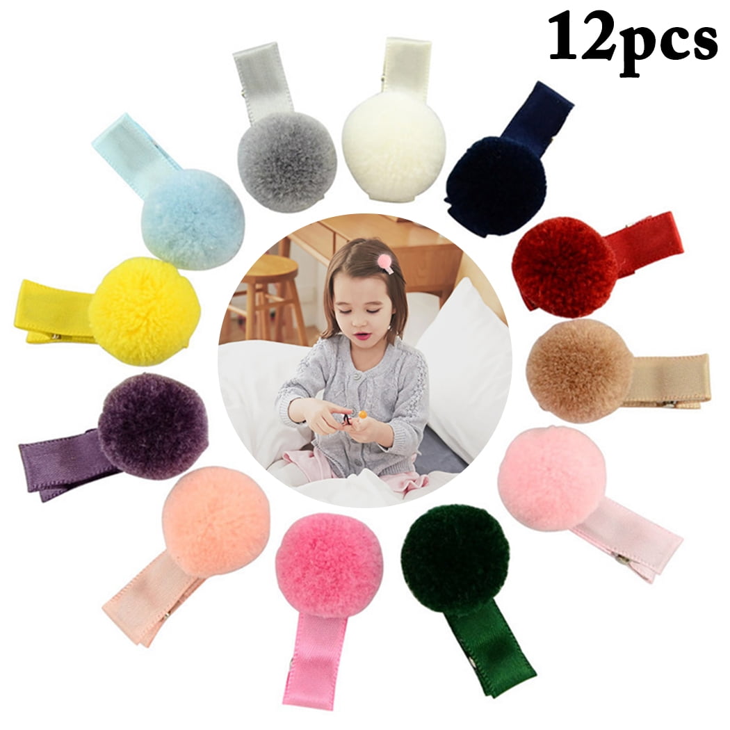 12 pieces Multi-colored Kids Girls Pom Poms Decor Hair Pins Clips Non-Scratch 
