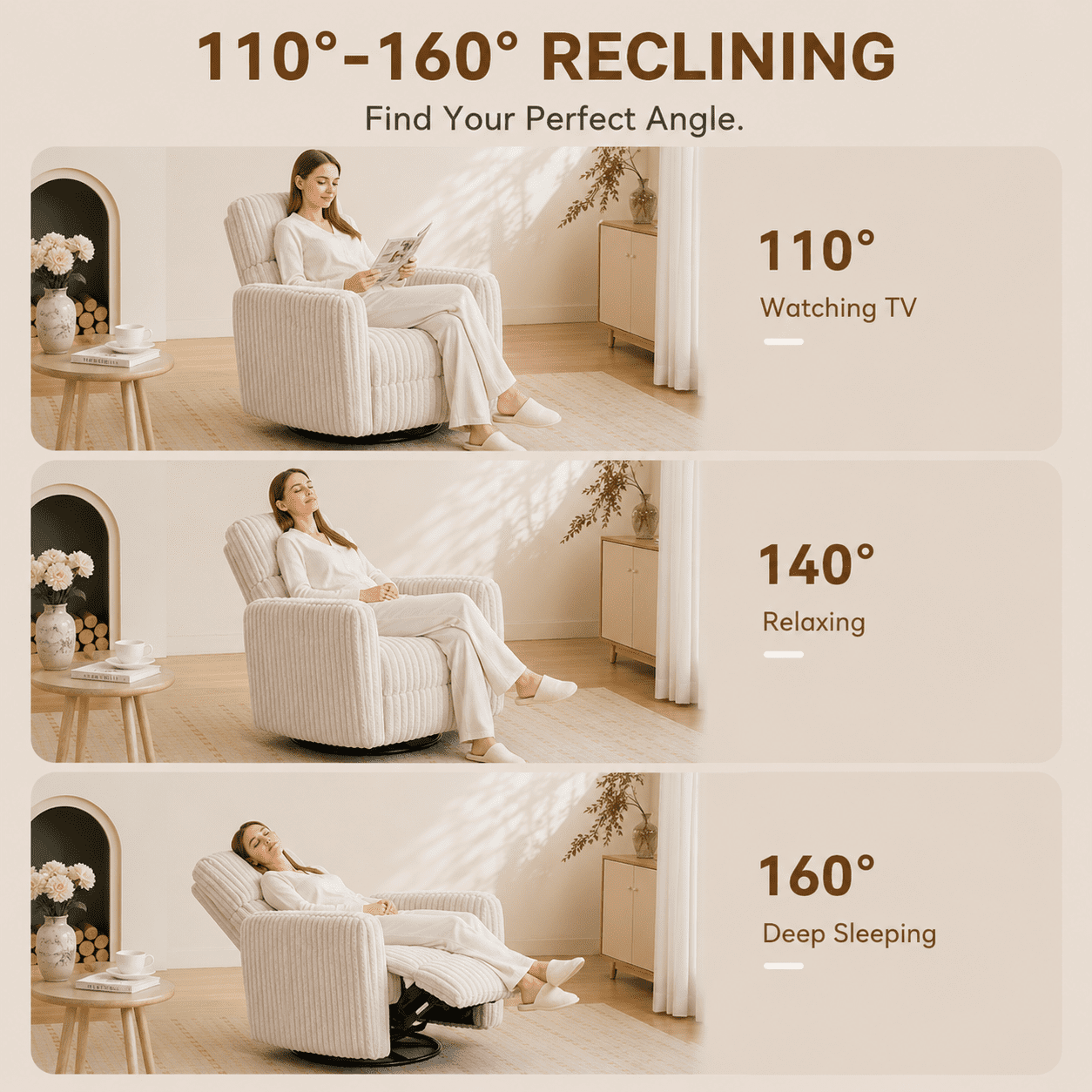 Power Swivel Glider Recliner Chair with 2 Pillows,USB & Type-C Ports,Plush Corduroy Upholstery Rocking Nursery Reclining Chair for Living Room Faux Fur Ivory
