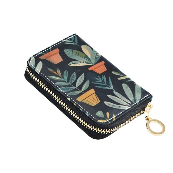 Leather Zipper Card Bag 4.7x3.1x0.8Inch Women's Card Bag Coin Purse Credit Card Bag Bank Card Bag Business Card Bag Coin Bag Dark Green Plants