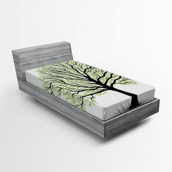 Ambesonne Tree of Life Fitted Sheet, Nature Living Leaves, Twin XL Size, Black White Green