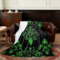 Manfei Victorian Damask Throw Blanket for Couch 30x40, Vintage Baroque Floral Plush Blanket, Black Green Flannel Throw, Breathable Bedroom Decor