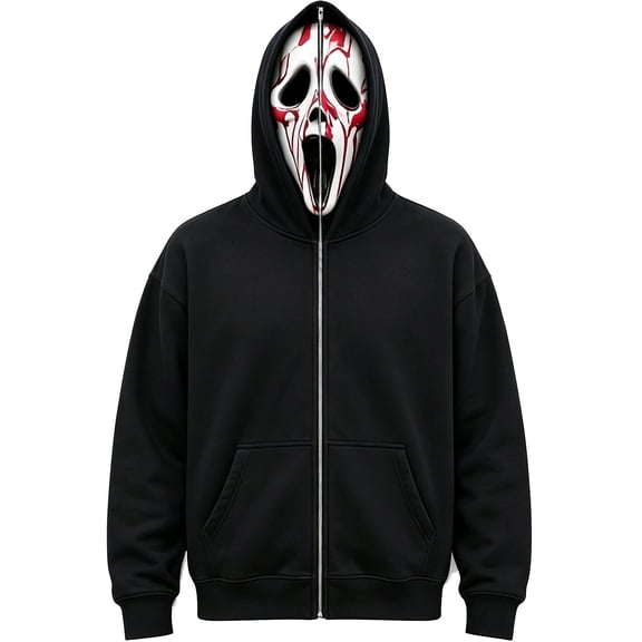 Horror Ghost Face Full Zip Hooded Sweatshirt, Novelty Masked Hood Activewear Apparel for Adults Halloween Cosplay
