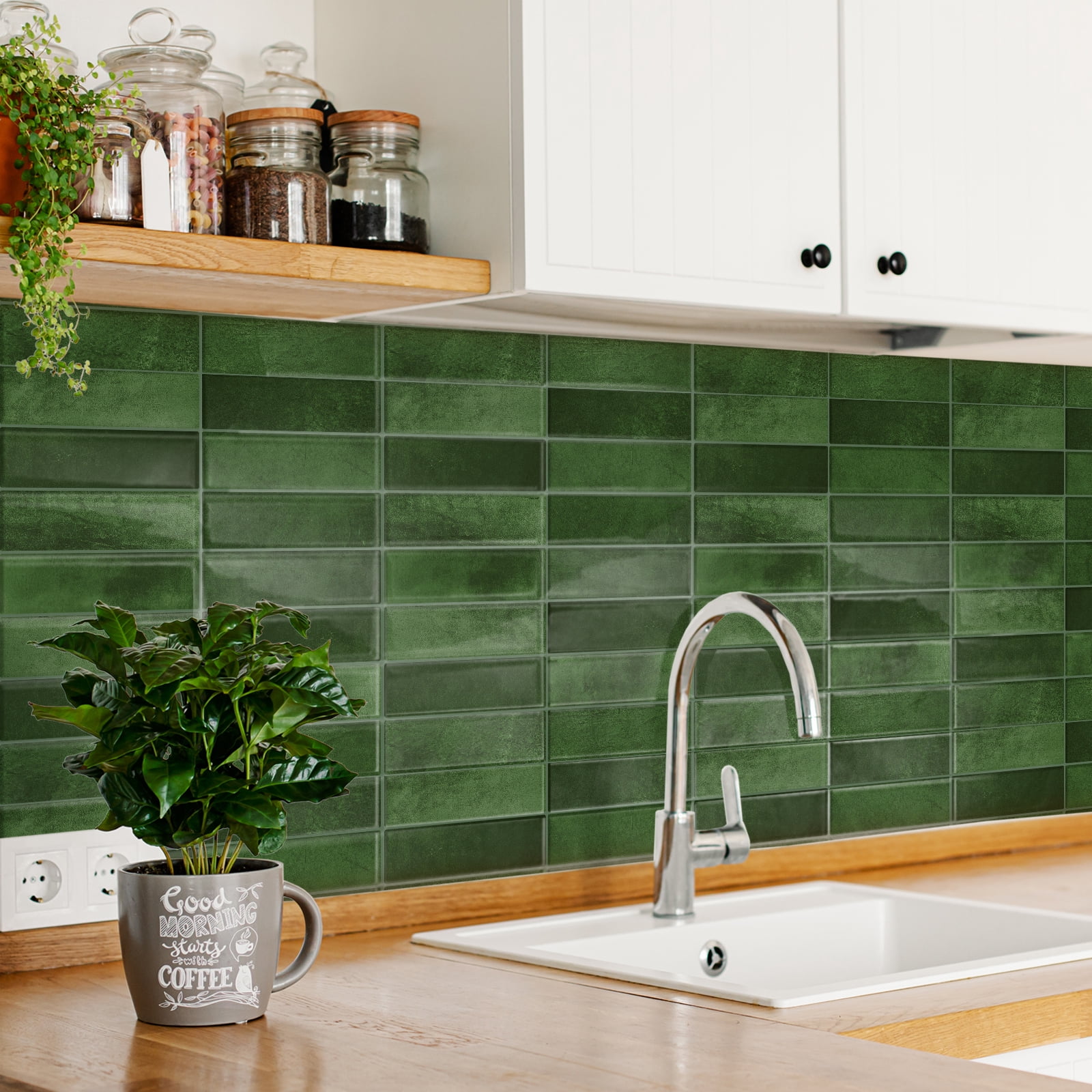 DEWOO 10 Sheet Peel and Stick Backsplash Tile,3D Self Adhesive Wall Tiles Stick on Backsplash for Kitchen,Bathroom,Camper (12"×12",Green)