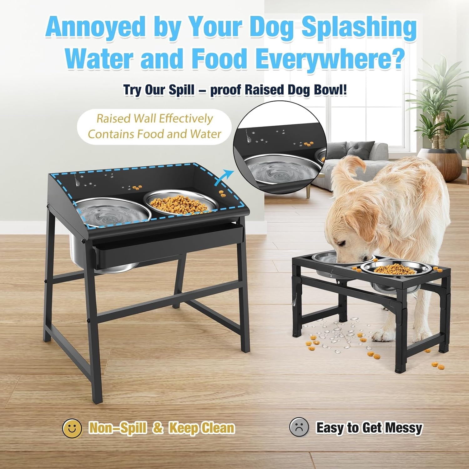 Elevated Dog Bowls for Large Dogs, 15 Inch Raised Stand with Stainless Steel Bowls, Spill Resistant Design, Easy to Clean, Great for Indoor Outdoor Feeding, Improves Posture