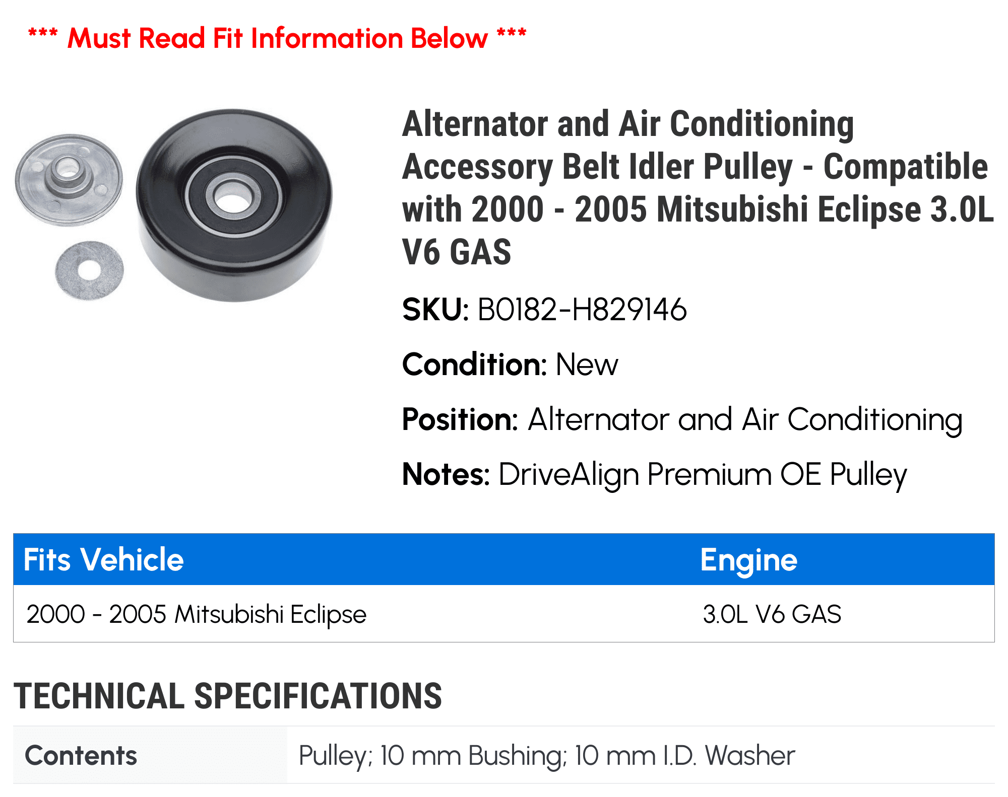 Alternator and Air Conditioning Accessory Belt Idler Pulley - Compatible with 2000 - 2005 Mitsubishi Eclipse 3.0L V6 GAS - Gates