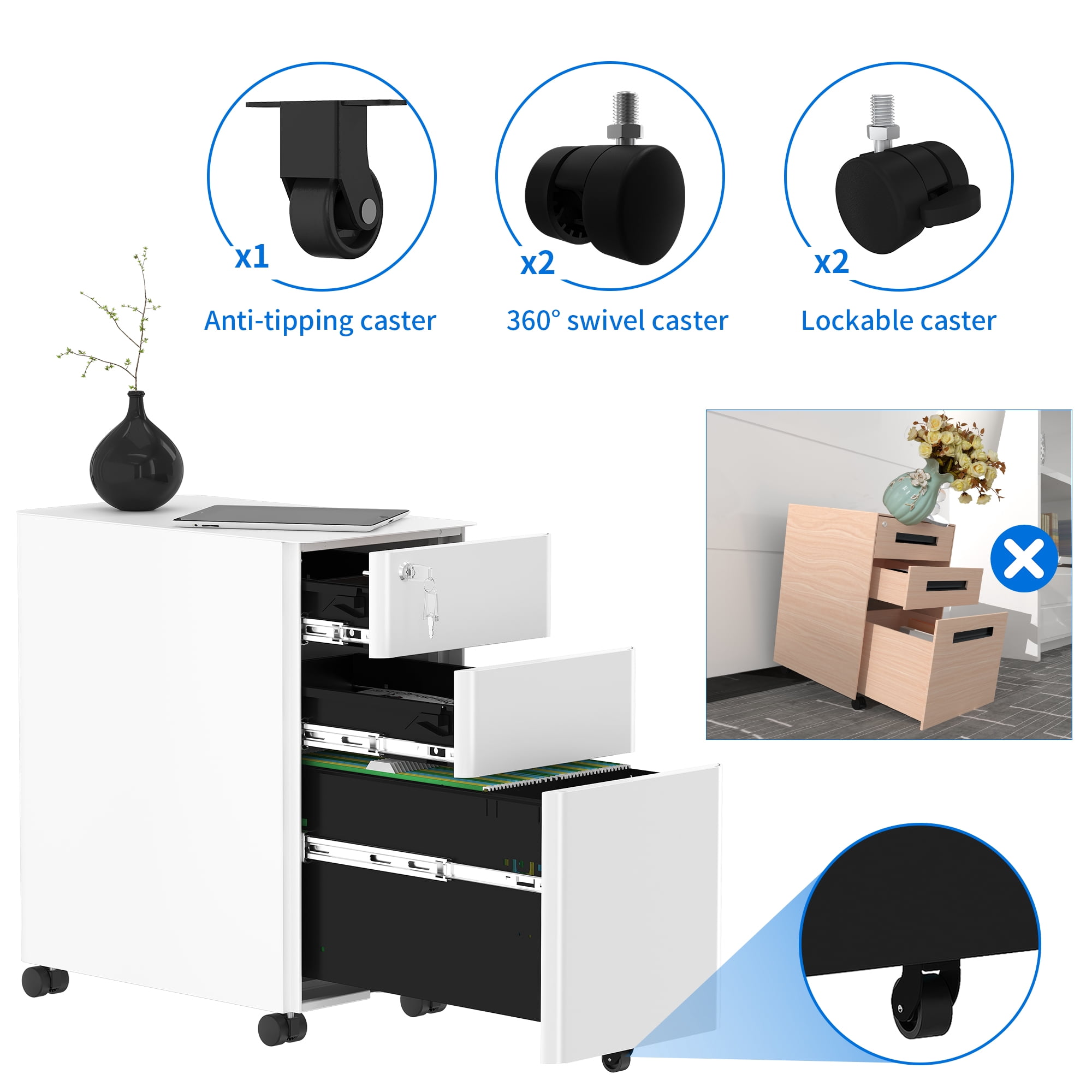 Dextrus 3-Compartment Secure Locking File Cabinet, Mobile Steel Office Document Storage, Suitable for Legal/Letter Sized Files, Pre-Built Cabinet for Under-Desk Placement, White
