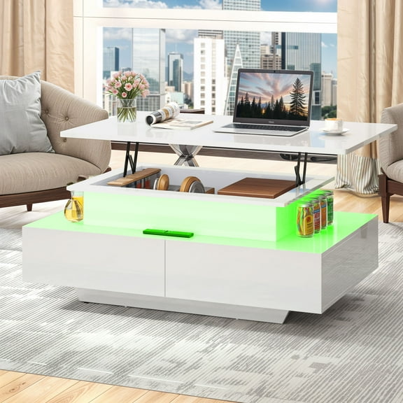 ModFusion Lift Top LED Coffee Table with 4 Spacious Drawers, Modern White Table for Living Room Storage and Décor