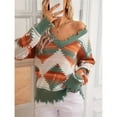 thumbnail image 5 of Woman Western Aztecs Knit Sweater Long Sleeve Vintage Geometric Pullover V Neck Distressed Cropped Sweater Green M, 5 of 10