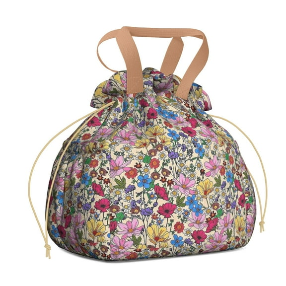 Pioneer Flower Drawstring Lunch Bag Women - Drawstring Lunch Bag Insulated for Work Office - Stain-Resistant Large Lunchbags for Women with Multi-Pockets