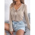 thumbnail image 6 of Women'S Tie Front Long Sleeve Scalloped Crop Cardigan Knit Top Khaki S, 6 of 8
