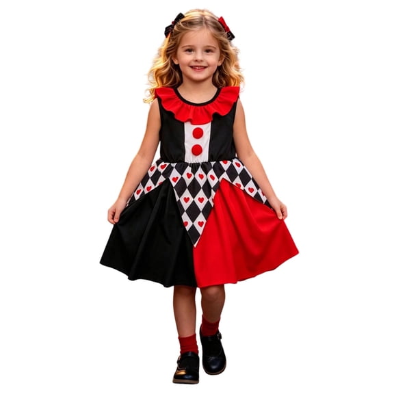 Bobifish Toddler Girls Dress Ruffle Sleeveless Color Block Heart Print Dress Party Dance Halloween Children Girls Dresss