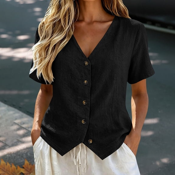 Yigetop Women's Cotton Linen Button down Shirts V Neck Short Sleeve Loose Fit Breathable Lightweight Solid Color Casual Daily Wear Comfy Summer Tops Black L