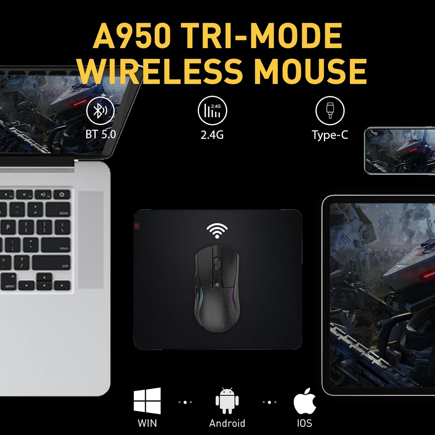 DAREU A950 Wireless Gaming Mouse with RGB Charging Dock,88g Lightweight Programmable Tri-Mode Wireless Mouse Gaming, Up to 12K DPI,1000Hz,120Hrs Playtime with RGB Backlit, Great for PC, Mac