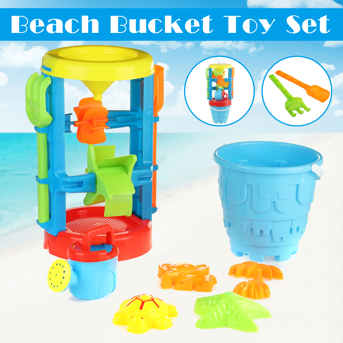 9Pieces Kids Beach Bucket Toys Play Sand and Water Mill Play Set