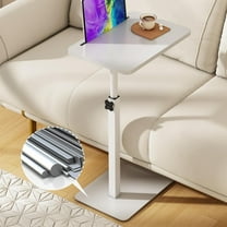 Bamboo Sofa Tray Table C Shaped Side End Table with Metal Base, Adjustable Height Swivel Snack Couch for Bed Small Spaces Living Room White Table and White Base