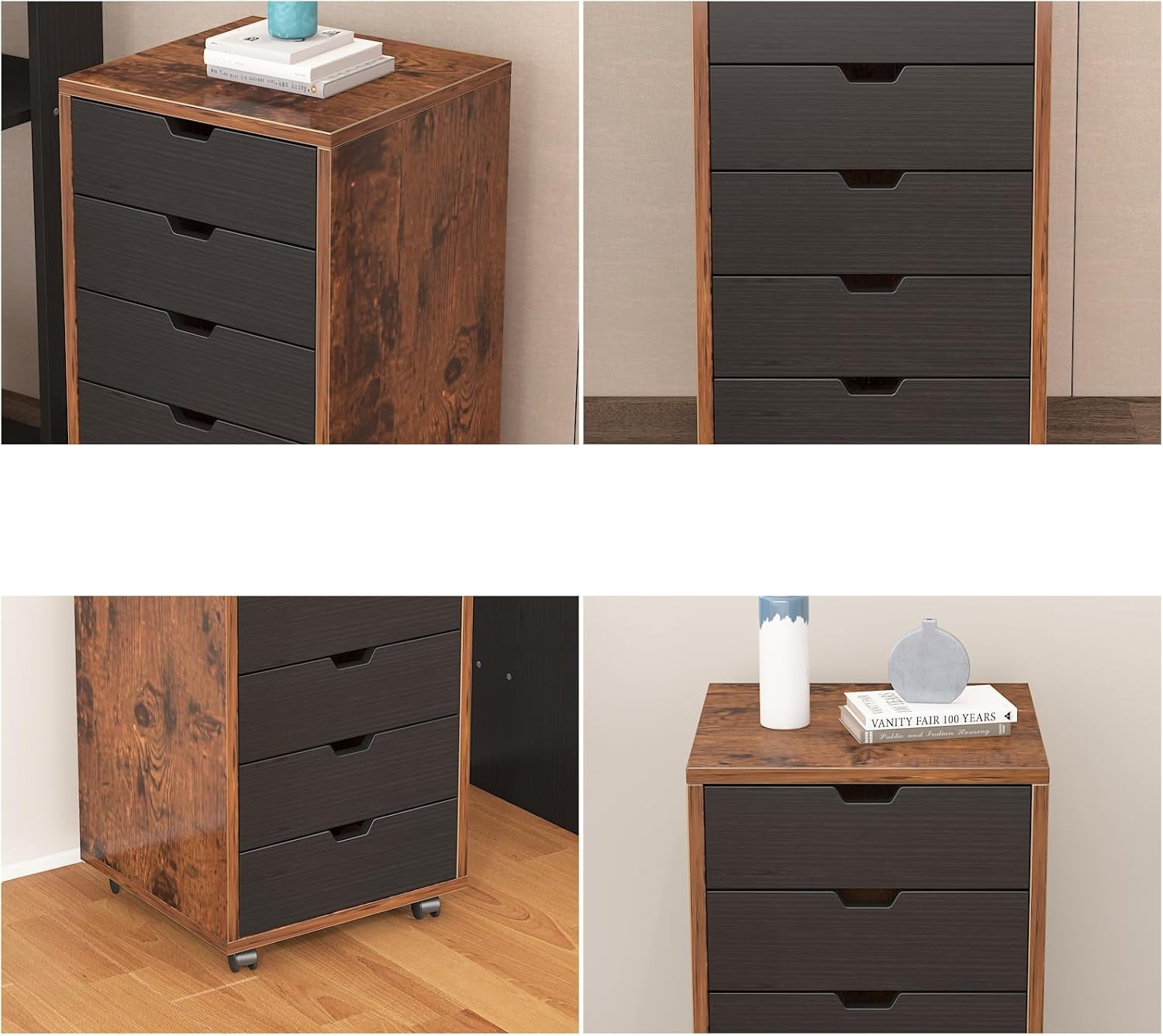 5-Drawer File Cabinet, Wooden Storage Cabinet with Wheels, Dresser Chest of Drawers, Filing Cabinets for Home Office, Rustic Brown