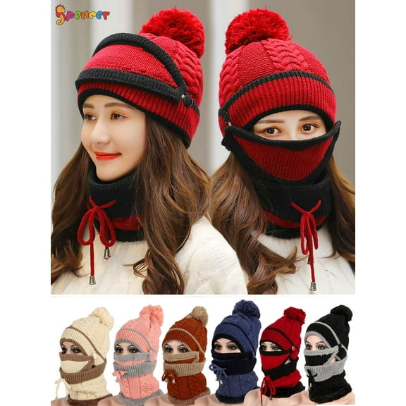 Spencer 3 in 1 Women Winter Warm Knitted Beanie Pompom Hat Cap Scarf Neck Warmer Face Cover Set for Outdoor Activities (Red)