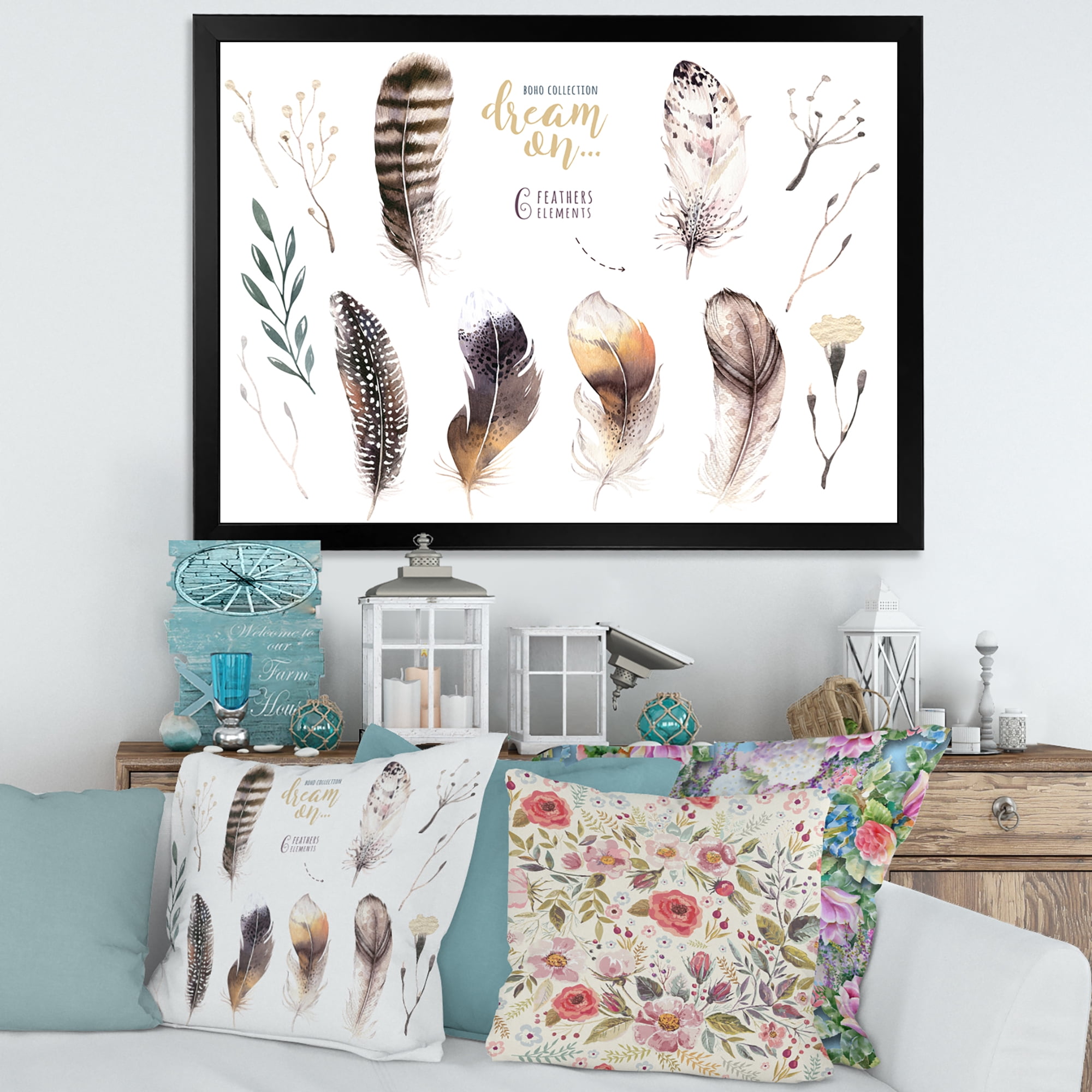 Designart 'VIbrant Orange Boho Feathers' Bohemian & Eclectic Framed Art Print