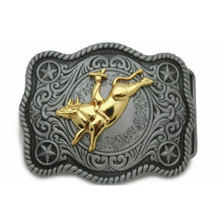 Western Gold Bull Skull Belt Buckle Cowboy Cowgirl Rodeo Floral Design Grey 022