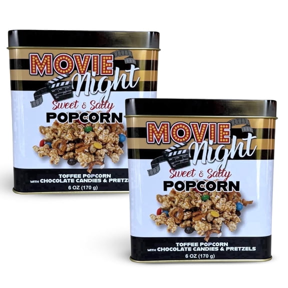 McJak - Sweet & Salty Movie Night Caramel Corn Blend, Delicious Toffee Gourmet Popcorn with Chocolate Candies & Pretzels, Sweet Snacks Treats for All, Set of 2 (6 oz Tins)