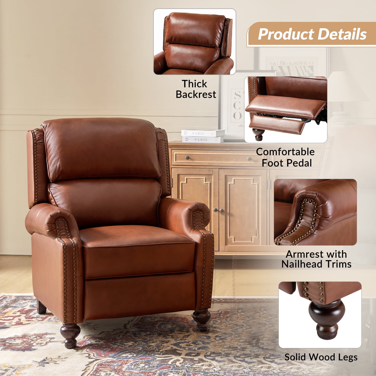 Mid Century Genuine Leather Pushback Recliner Chair with Nailhead Trim Set of 2 Brown